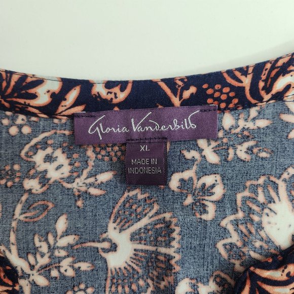 Gloria Vanderbilt Womens Top XL 3/4 Sleeve Navy Coral Floral Print Blouse Tunic - Picture 8 of 8